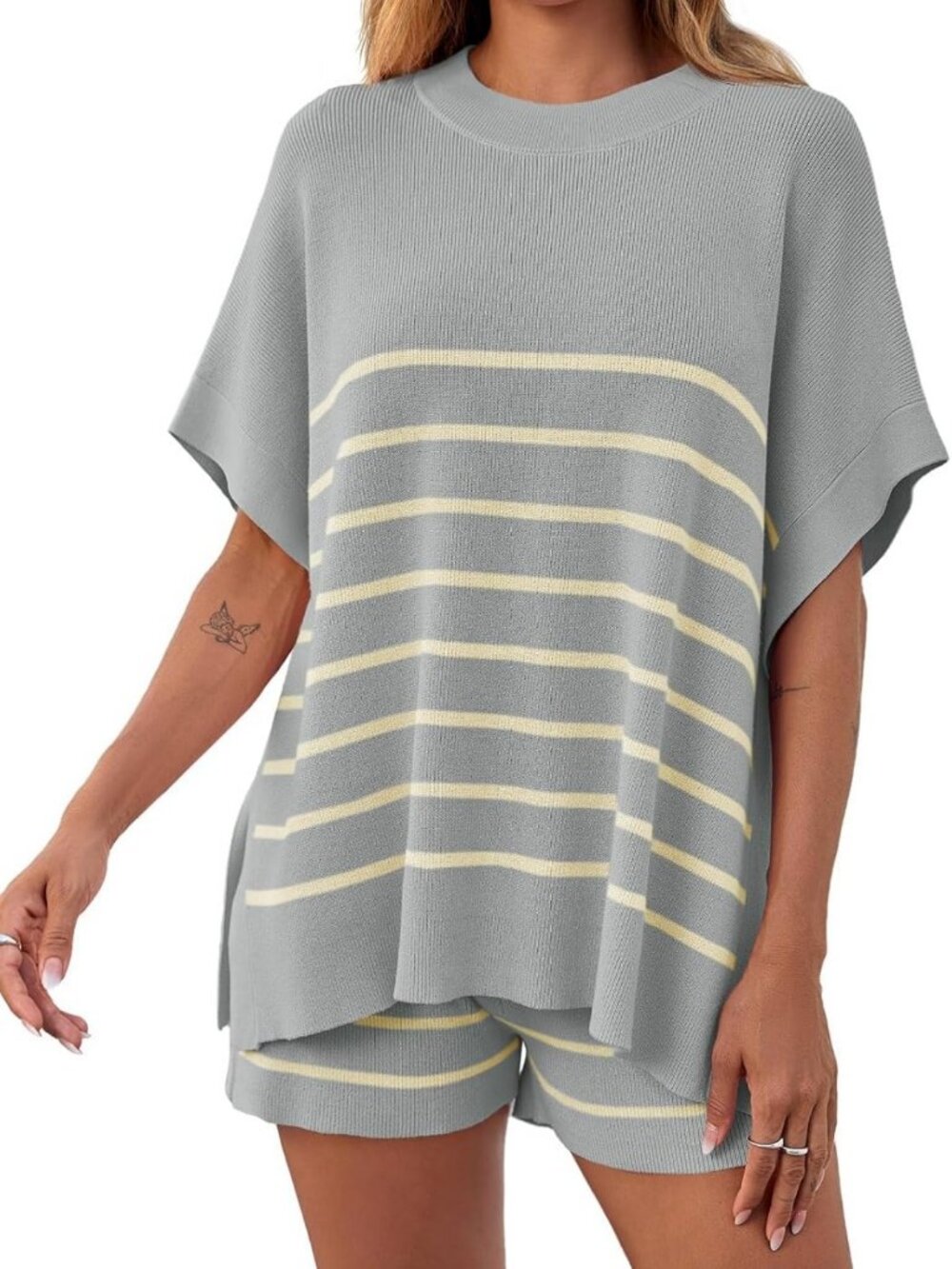 Chic Women's Striped 2-Piece Lounge Set | Oversized Batwing Top & High-Waisted